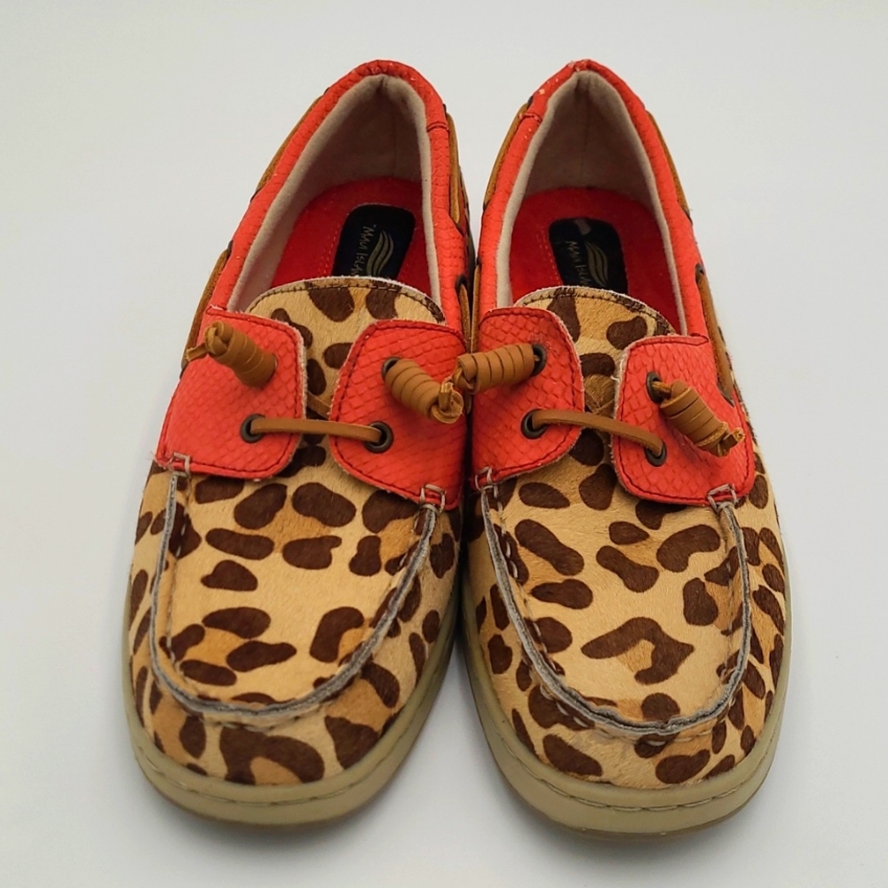 Maui Island Leopard Pony Hair Boat Shoes Coral Orange Leather Loafers 10M